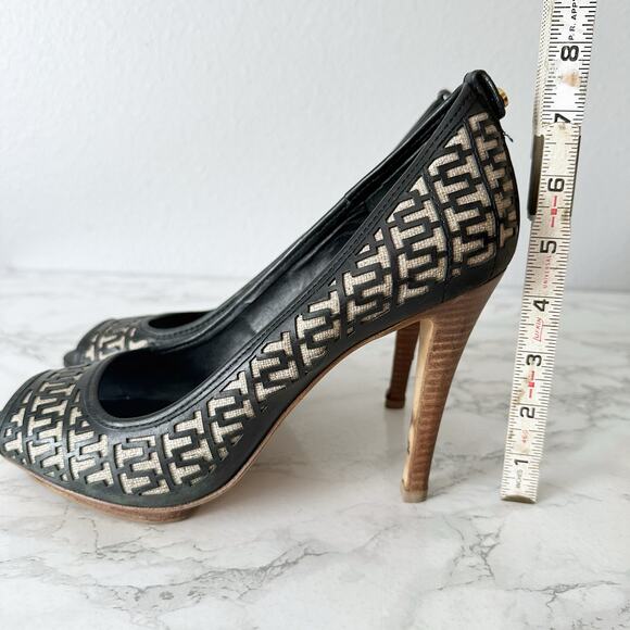 Tory Burch Regan Signature Logo Wood Platform Peep Toe Heels Women’s Size 11 - Picture 13 of 14